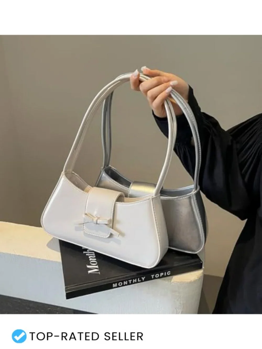 PU Leather Hobo Shoulder Bag Bow Flap Magnet Closure Everyday Purse